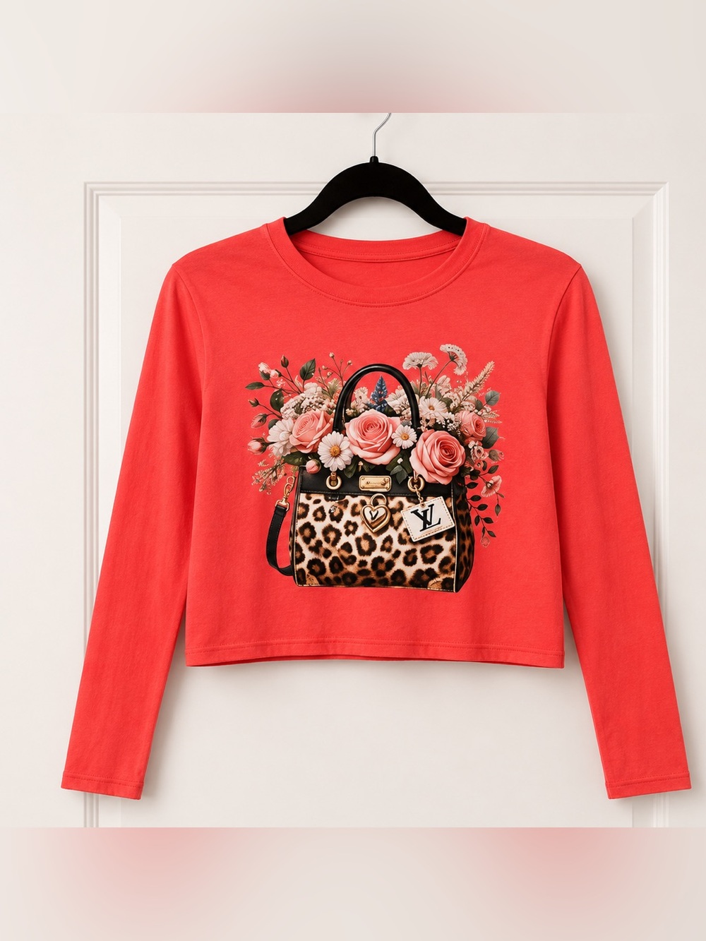 Coral Long Sleeve Graphic Top with Leopard Bag & Flowers